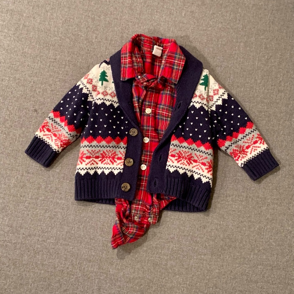 Baby Gap Christmas sweater and flannel plaid onesie